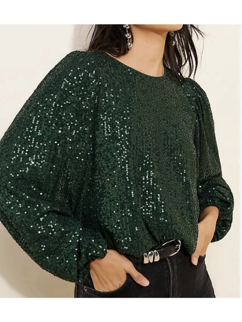 ANTHROPOLOGIE FLAT WHITE Sequin Crew Neck Top Size M Glam Party New